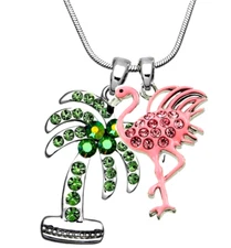 Pink Flamingo Palm Tree Pendant Necklace Gift Boxed Fashion Jewelry