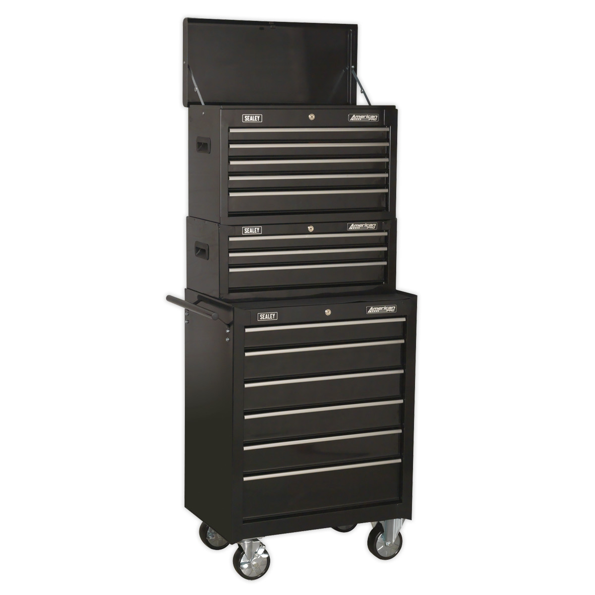 Sealey Topchest, Mid-Box & Rollcab 14 Drawer Stack - Black Garage Workshop DIY
