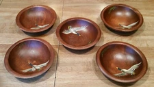 5 MUNSING WOOD BOWLS MALLARD DUCK HAND PAINTED PRIMATIVE VINTAGE 6" x 1  1/2"