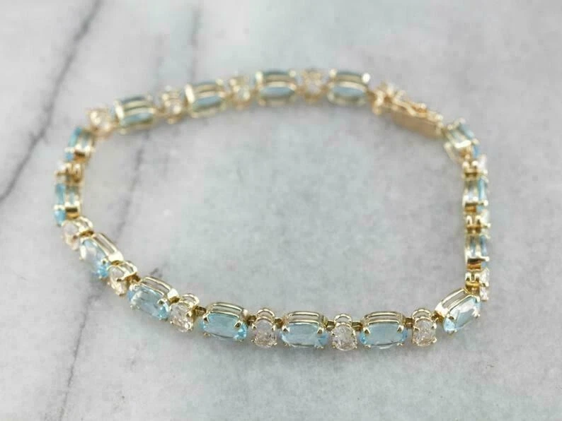 9ct Oval Simulated Aquamarine Women's Tennis Bracelet 14k Yellow Gold Plated - Image 4 of 4
