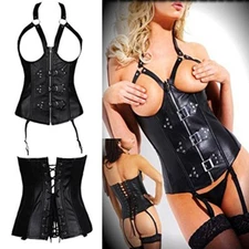 Women Faux Leather Steampunk Corset Vest Gothic Bustier Top Sexy Basque Lingerie