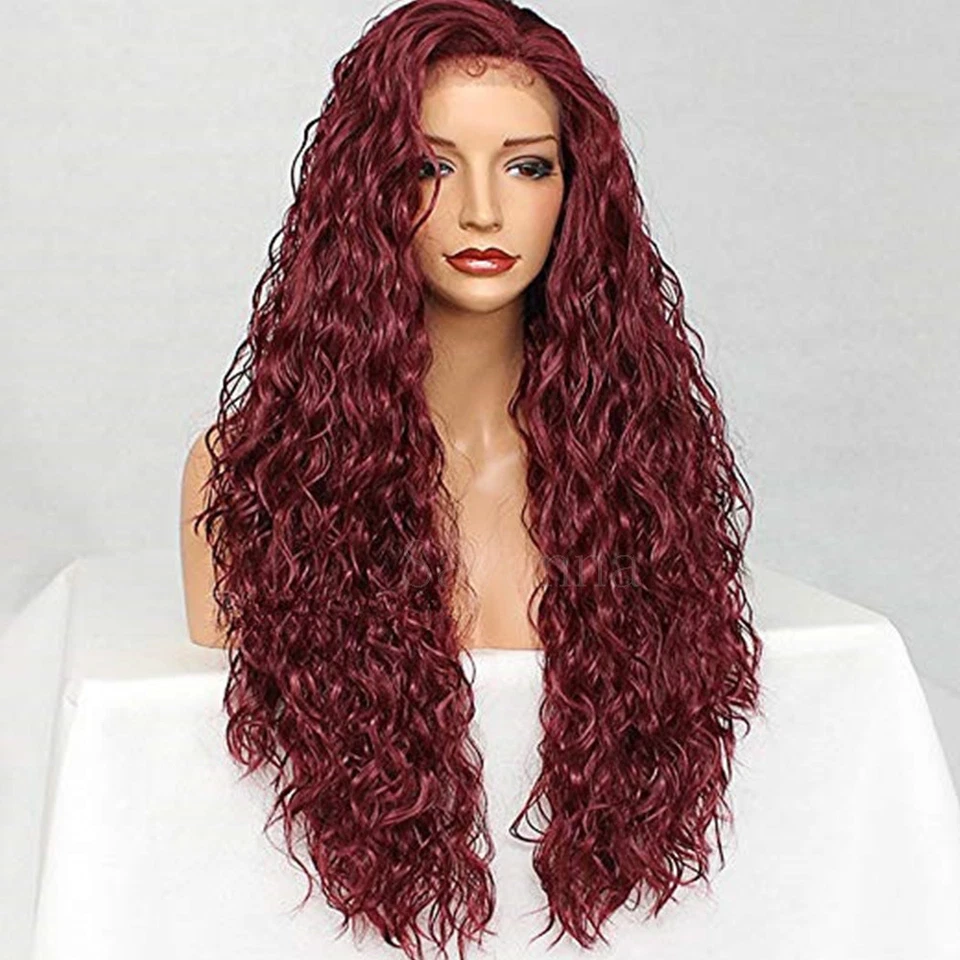 Loose Curly Wave Long Lace Front Wigs Synthetic Hair Burgundy Color Baby Hair 24 - Image 4 of 4