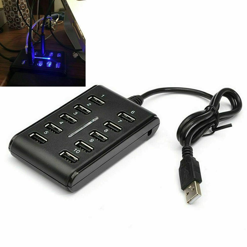 10-Port USB 2.0 Hub - High-Speed Laptop Expansion Splitter for Multiple Devices