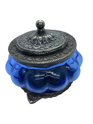 Round blue glass and silver metal trinket pot/ box from India with beautiful spi