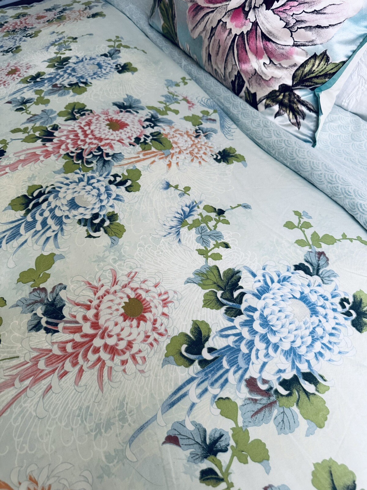 Vintage Cotton Sateen Queen Shanghai Duvet Cover Aqua Zen Asian Floral NWOT