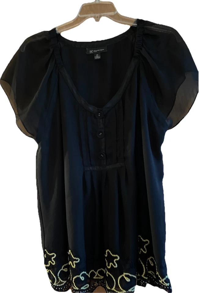 INC Womens Black Sz 20 Semi Sheer Beaded Embroidered Lace Lined Top Witchy Goth - Image 2 of 4