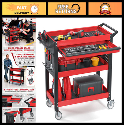 Heavy Duty 3 Tier Rolling Tool Cart with Drawers & Pegboards, 660 LBS Capacity,