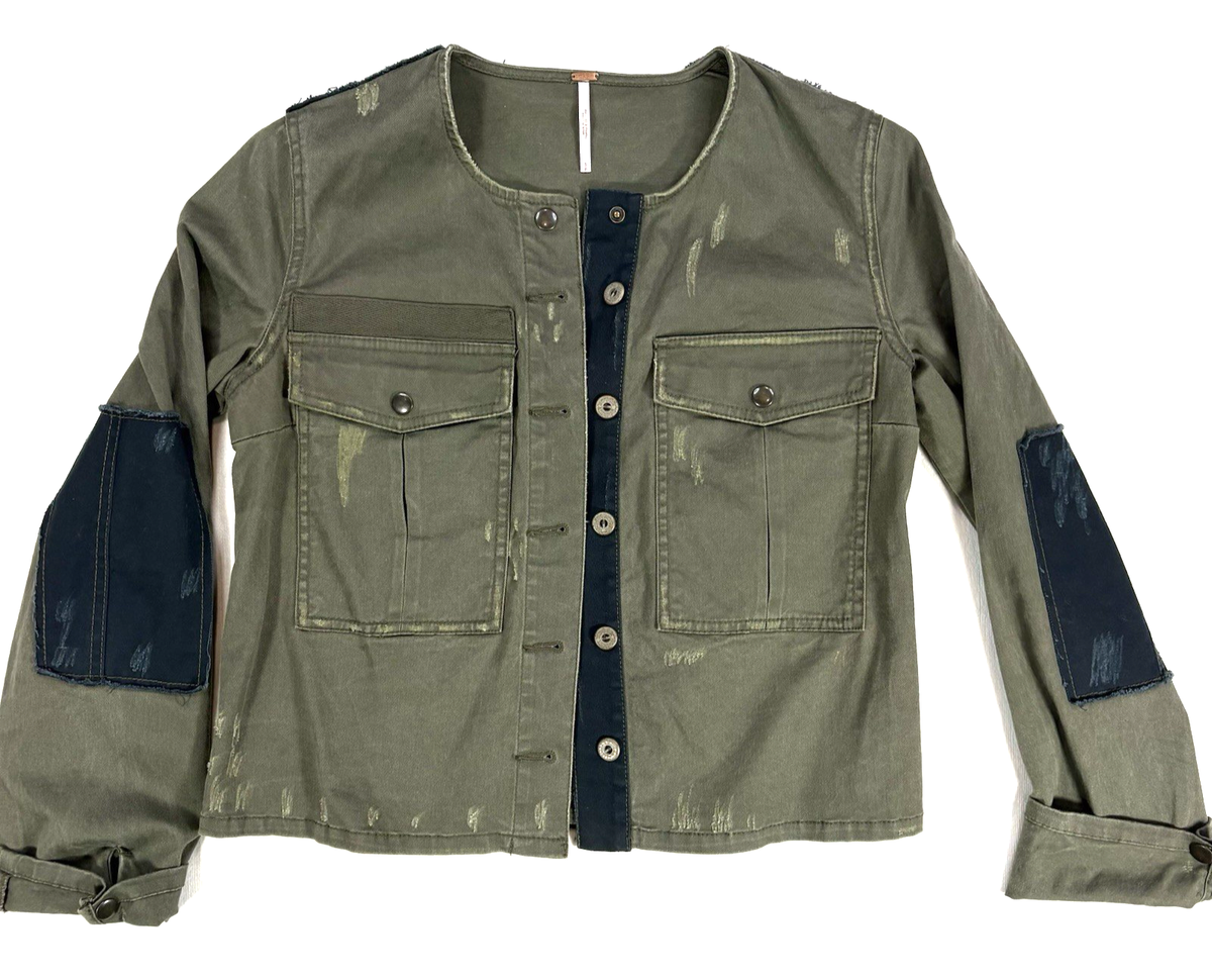 Free People Women Military Jacket Small Front Pockets Collarless 