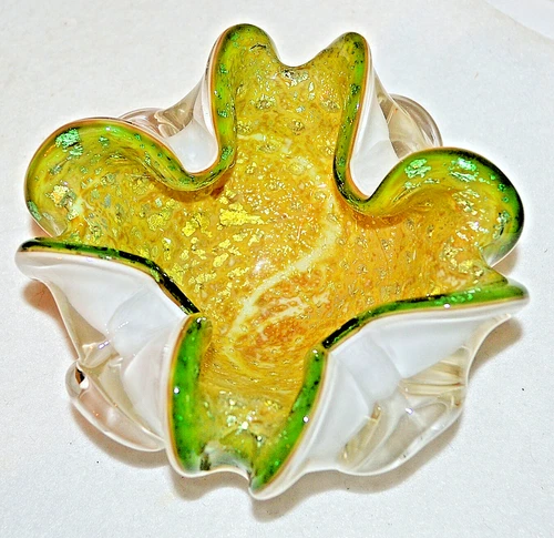 VINTAGE Mid Century Modern Italian Murano Art Glass Gold Green Ashtray Bowl