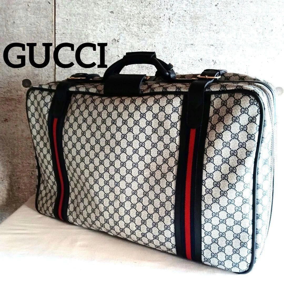 GUCCI Baule Sherry Line GG Boston Borsa da Viaggio PVC Pelle Grigio Navy con Chiave Lucchetto
