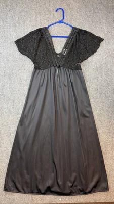 Adonna Black Lace Nightgown Size M Nylon 42  Long USA Made