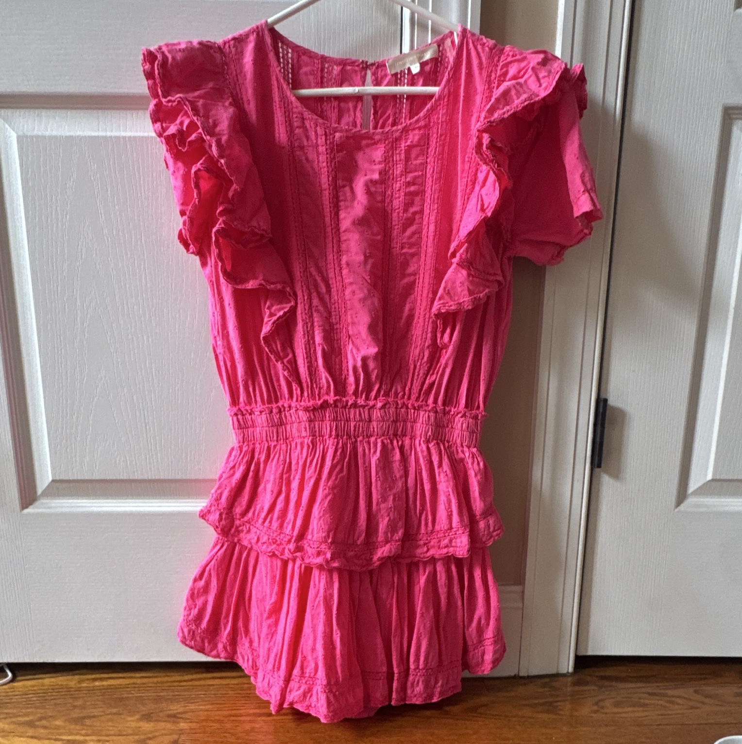 LoveShackFancy Pink Cotton Lace Ruffle Flutter Sleeve Mini Dress Women’s S