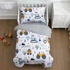 4 Pieces Construction Bedding Set for Baby Boys,Tree Truck Toddler Grey Blue