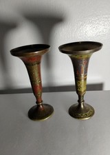 VTG BRASS ENNAMEL PEDESTAL SMALL VASES 4.7"×2.5"