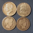 LOT OF 4 US SILVER COINS 1906 D & 1909 BARBER HALF DOLLARS 1962 FRANKLIN + 1964