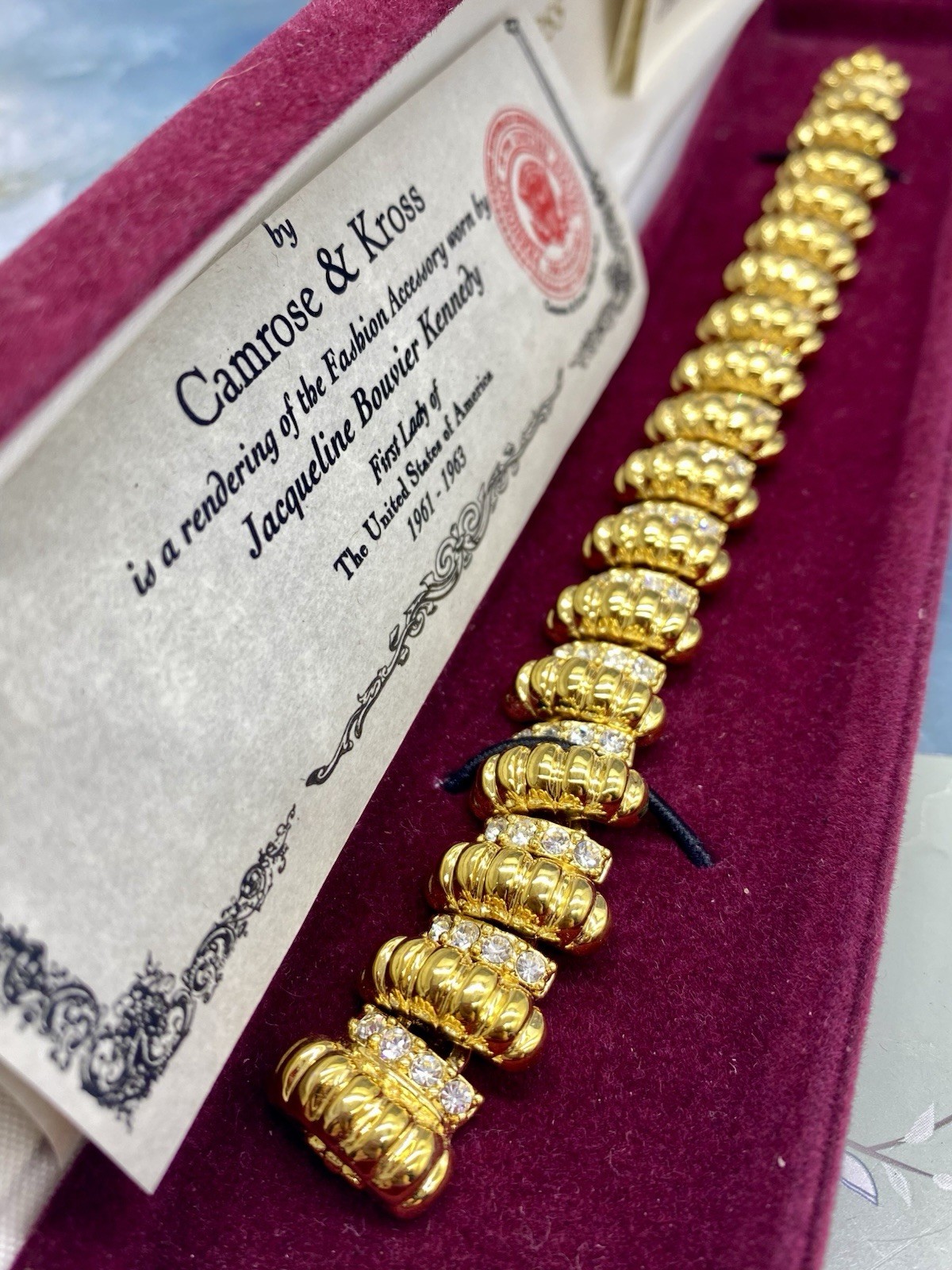 New Camrose & Kross JBK Jackie Kennedy Gold Toned Crystal Link Bracelet  In Box