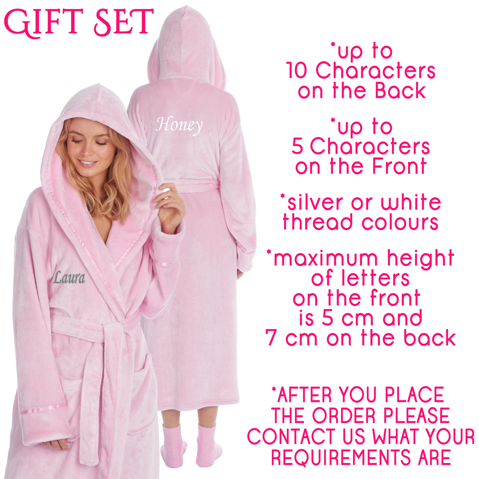 Personalised Ladies Hood Embroidered Dressing Gown Fluffy Socks Gift