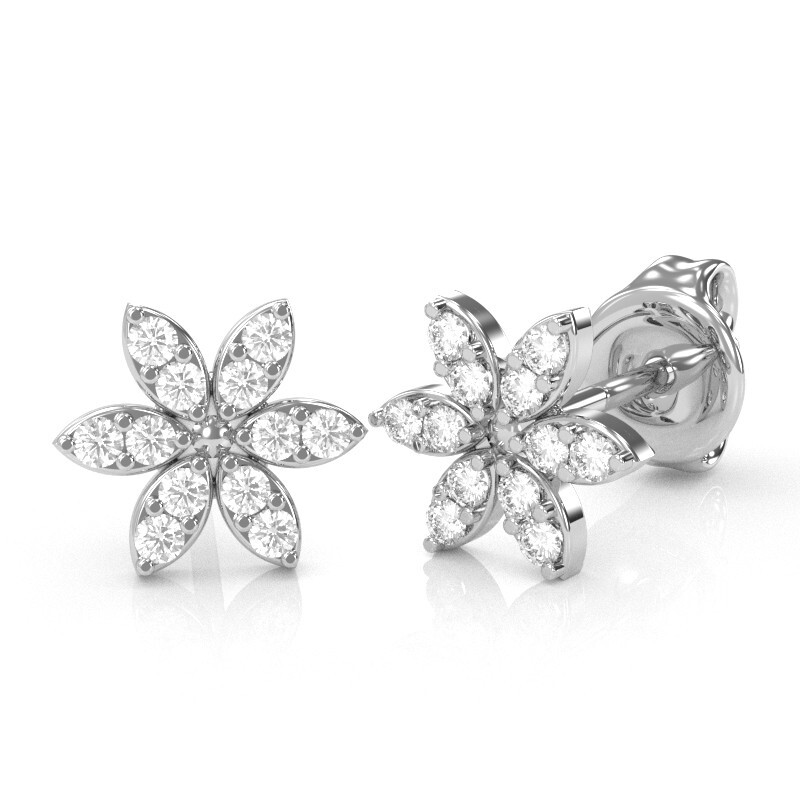 14k White Gold Diamond Encrusted Flower Stud Earrings