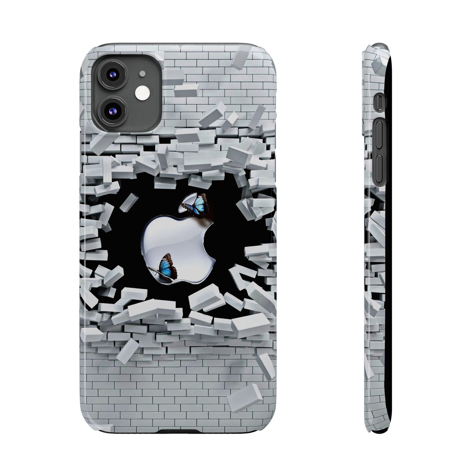 3D Broken Wall iPhone Slim Case, Blue Butterfly, Glossy Finish