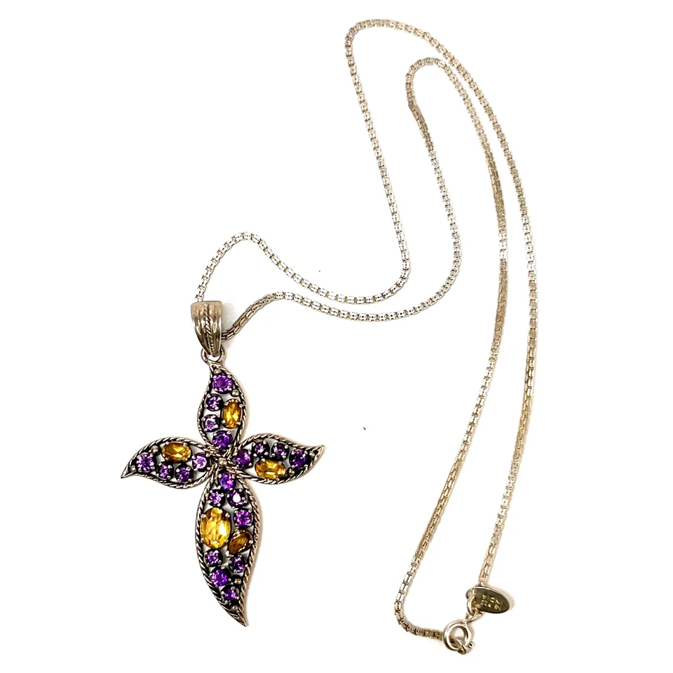 Collar Colgante Cruz Nicky Butler Plata Esterlina Pavé Amatista Citrino De Colección Foto 2 de 4