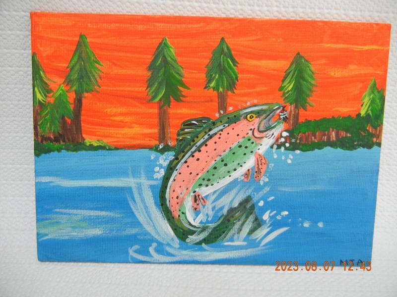 Fish Trout jumping in lake Painting 5 x 7 original acrylic on board