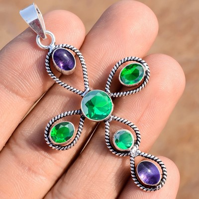 Diopside Cut & Amethyst Gemstone 925 Sterling Silver Cross Anyone Gift Jewelry