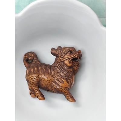 Vintage Signed Japanese Kirin Netsuke Carved Wood Mythical Dragon Figure 1.75''