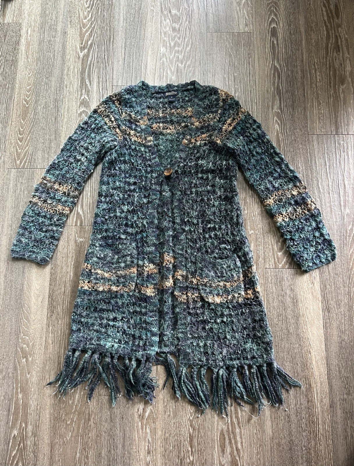 Lucky Brand Open Knit Wool Blend Cardigan Fringe Sz M Boho Whimsy Forest Fairy