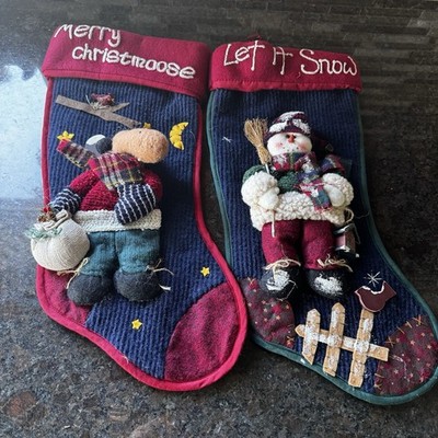 2 Vtg Christmas Stocking Snowman Moose Birdhousebird  LET IT SNOW  Felt Cardinal