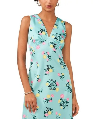1. STATE Floral V-Neck Dress Women's Size 6 Ocean Teal Satin Sleeveless Midi - Picture 2 of 10