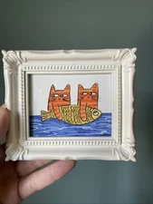 PRINT Black Cat And Fish Cute,funny, Painting,framed,miniature,small,mini
