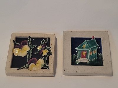 Lot of 2 Signed KLF Pottery 4''x4'' Tiles Pansy Flowers 1998 & Green house 2001