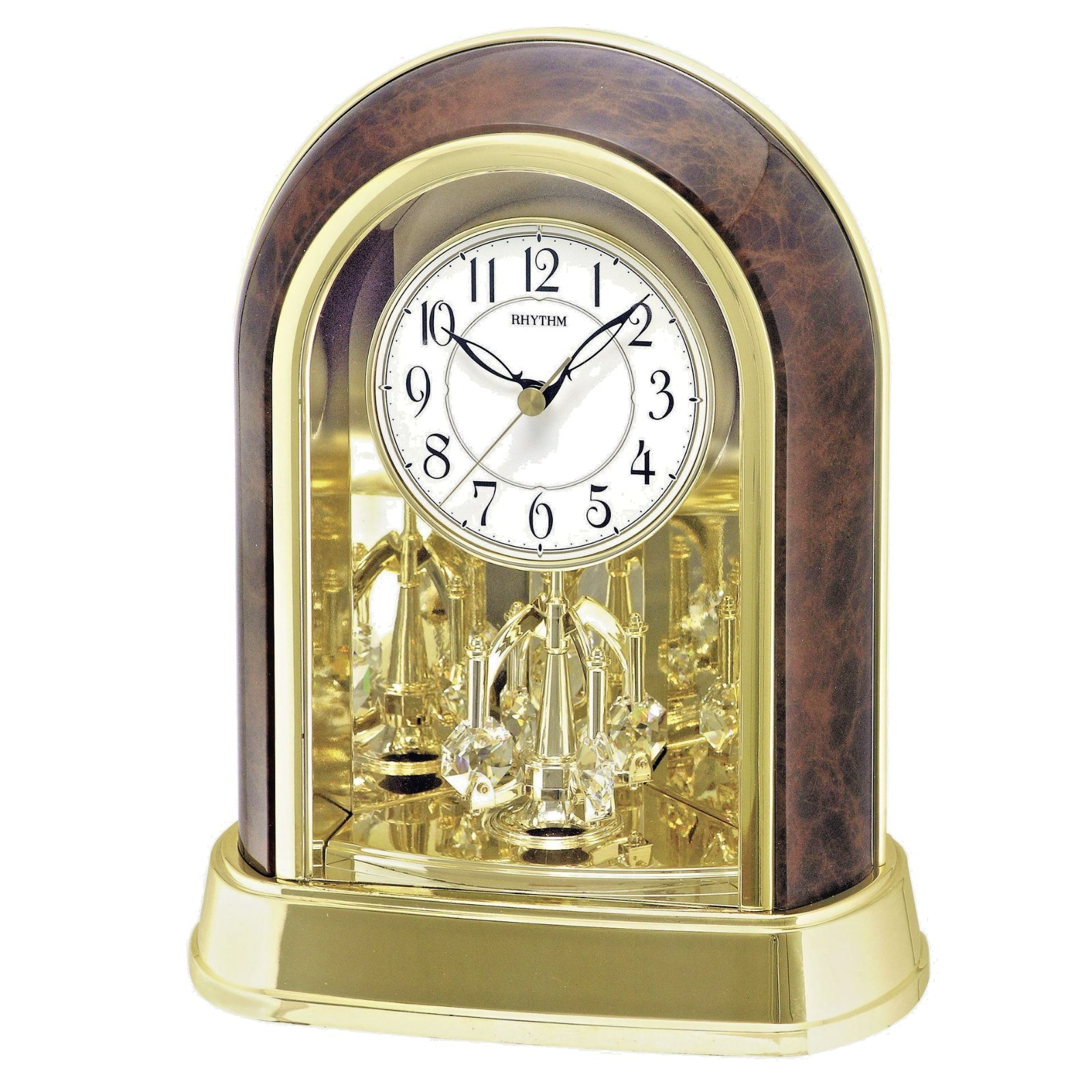 Rhythm Gold Arch Wood Effect Mantel Clock Rotating Pendulum Adorned With Crystal