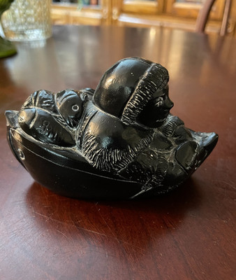 Vtg Aardvark Aardik Inuit Eskimo Fishing in Canoes Carved Black Soapstone