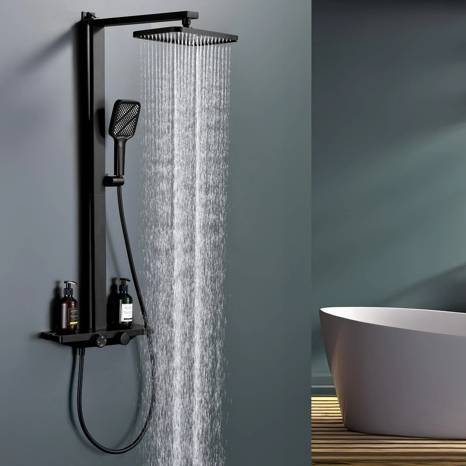 Shower System with Thermostatic and Glass Shelf Black Shower Fittings Complete Set with...