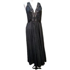 Vintage 80's OLGA XL Long Nightgown Negligee Black Full Sweep Nylon Satin 98280