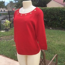 ST JOHN COLLECTION RED GOLD GROMETS DETAIL SWEATER TOP Sz S MADE IN USA