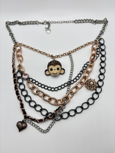 BETSEY JOHNSON RHINESTONE MONKEY HEART FLOWER STATEMENT NECKLACE RARE HTF