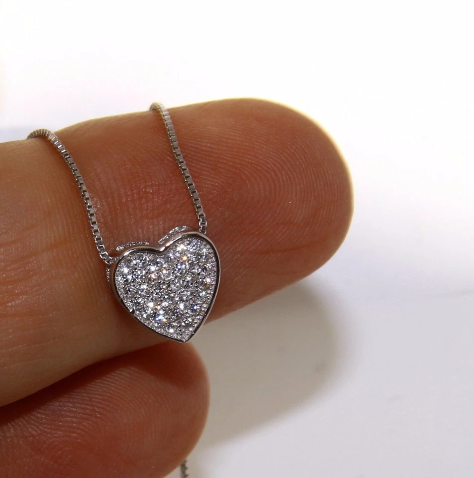 collana cuore VERO argento 925 collier a pavè zirconi punto luce microsetting - Immagine 4 di 4