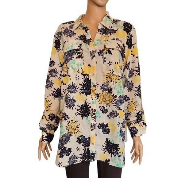 EUC Charter Club Yellow & Navy Floral Blouse BUSINESS CASUAL Career Wear