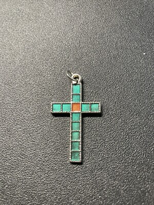 Silver Tone Cross Turquoise Colors Block Tiles Charm Pendant 1  1/4 X 3/4 Inch
