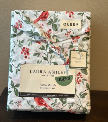 4pc Laura Ashley Christmas Red Cardinal Holly Berry Queen Sheet Set Cottage