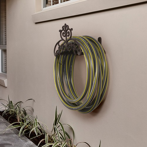 Wall Mounted Brown Cast Iron Scrollwork Garden Hose Holder Reel Storage Rack - Picture 3 of 7