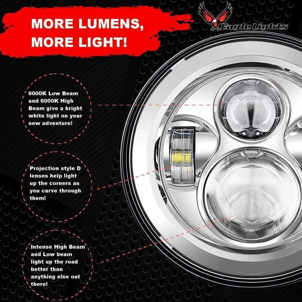 Eagle Lights Chrome 7" LED Headlight Kit with Passing Lights for Harley - Image 2 of 4