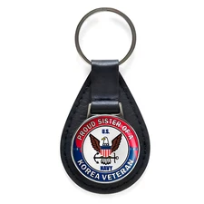 U.S. Navy Proud Sister of a Korea Veteran Black Leather Keychain Silver Keyring 