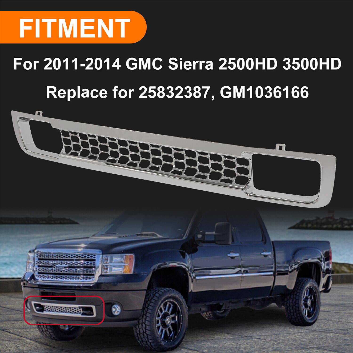 Front Lower Bumper Grille – Chrome Denali Style – For GMC Sierra 2500HD 3500 HD 2011-2014