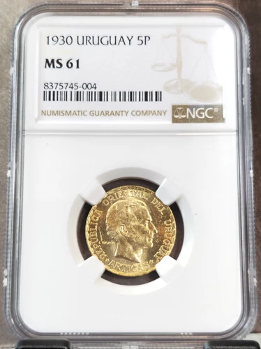 1930 URUGUAY GOLD 5 PESOS CONSTITUTION CENTENNIAL NGC MS 61 SCARCE NICE COIN