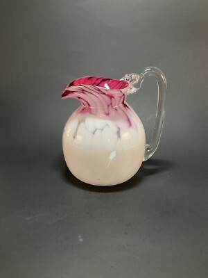Vintage The Glassworks Pitcher W/ Coin Dot Spatter Pink & White