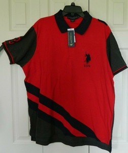 U-S-Polo-Assn-Men-039-s-Short-Sleeve-Red-W-Navy-Blue-stripe-Polo-Shirt-Cotton-SizeXL