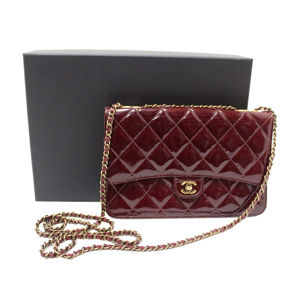 CHANEL Black Quilted Patent Leather Flap Shoulder Wallet On Chain